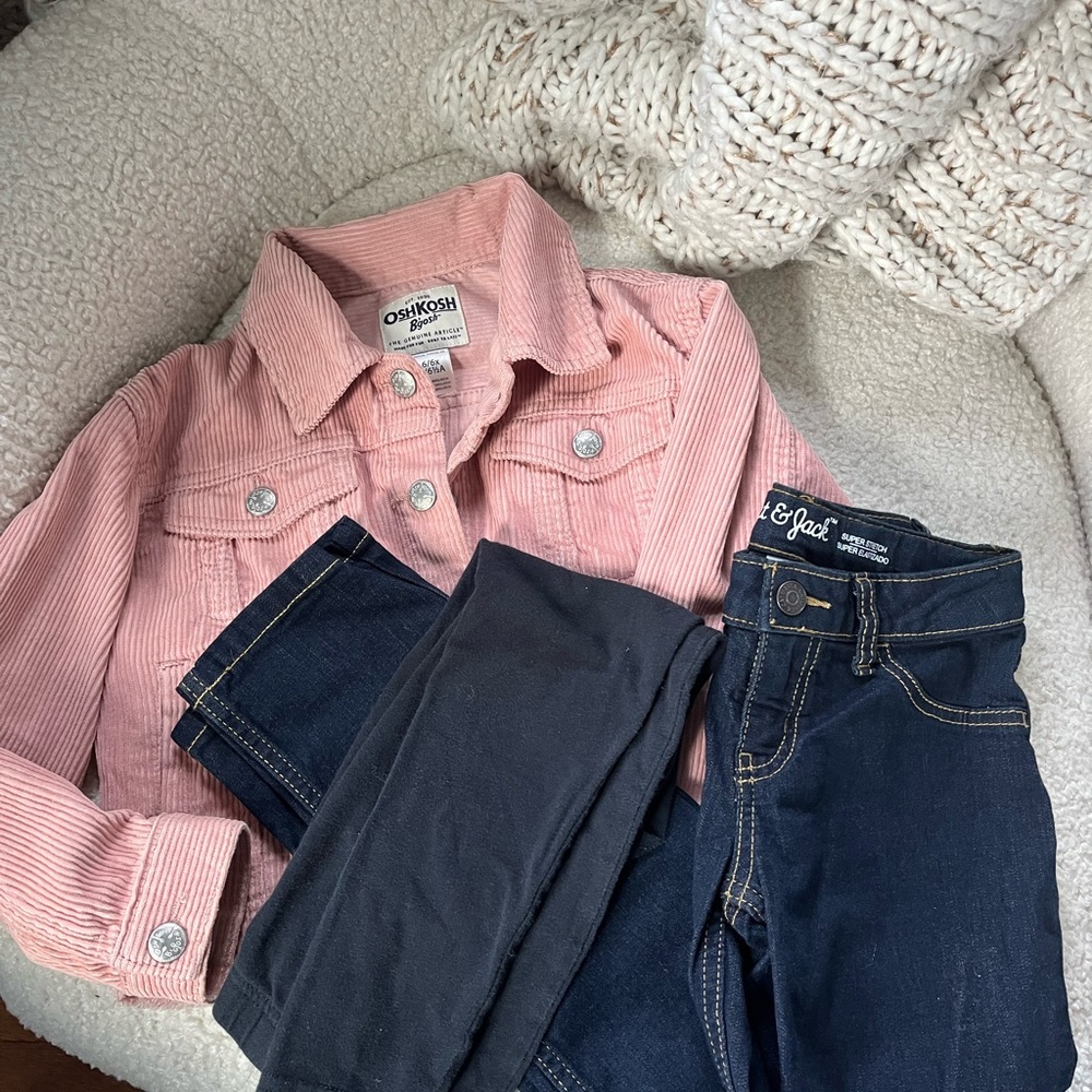 Girls Sz 6 lot - OshKosh Corduroy Jacket, Cat & Jack jeans, Carter’s leggings